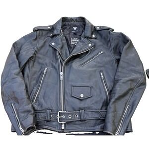 Viking Cycle Genuine Leather Motorcycle Jacket Large Black Biker Eagle YKK Belt